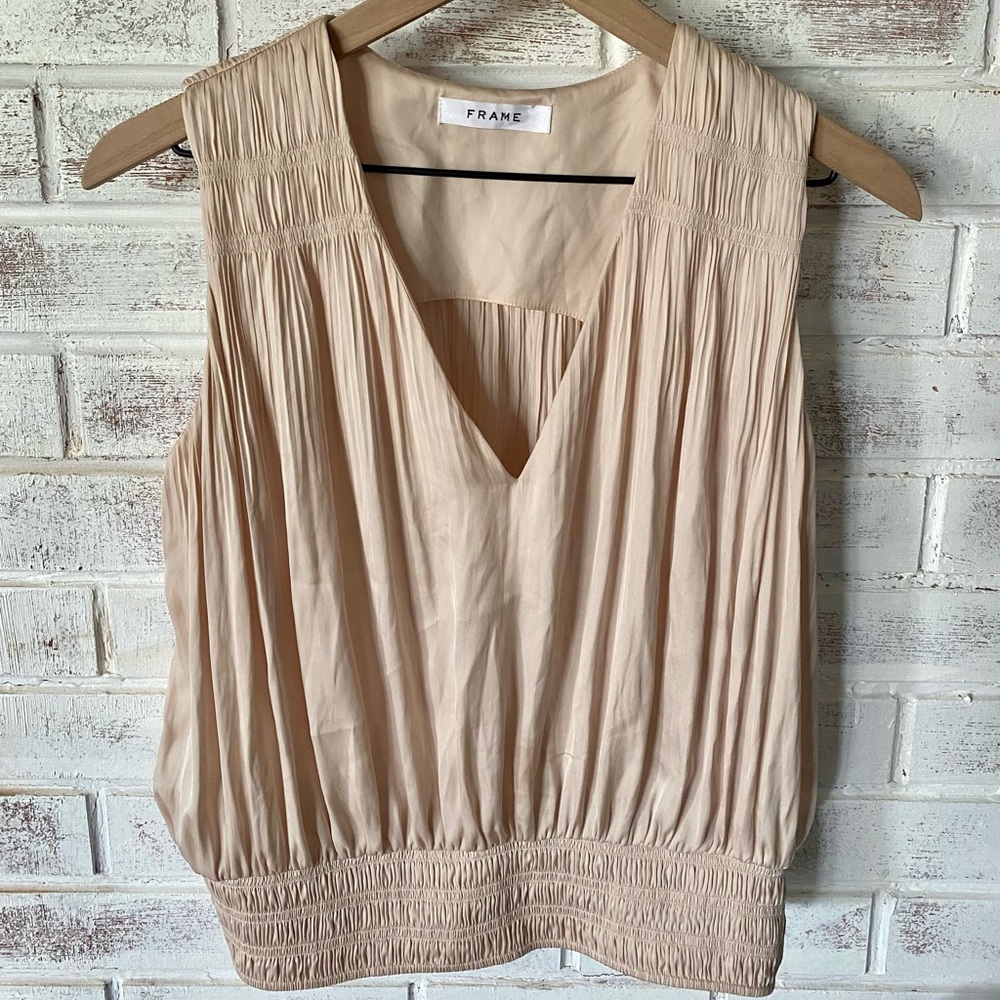 FRAME |  Sleeveless V-neck, elastic waistband. Beautifully constructed . Size S.